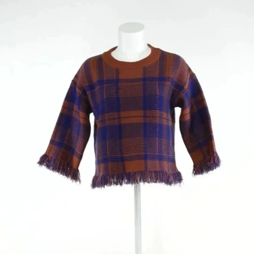 Moon River Plaid Fringe Hem Top Sz S